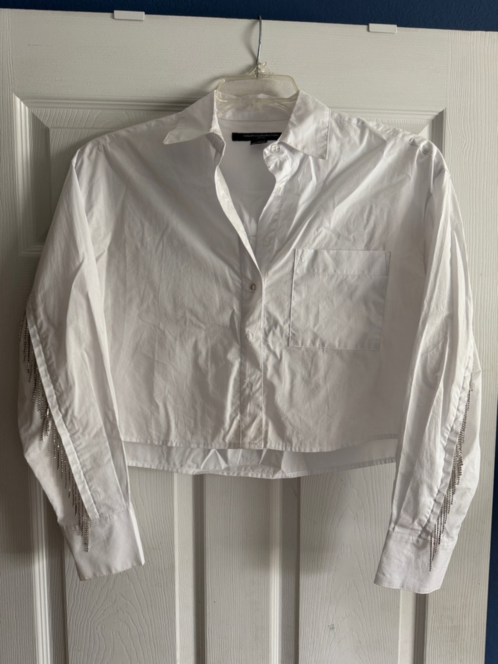 French Connection White Button-Down Shirt with rhinestone Fringe